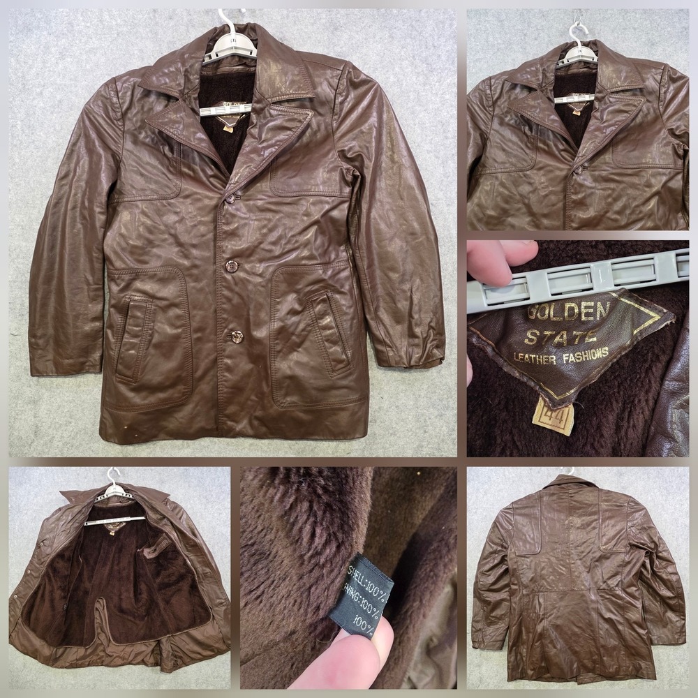 Vintage Golden State Coat Mens 44 Brown Leather Fleece Lined Winter Overcoat